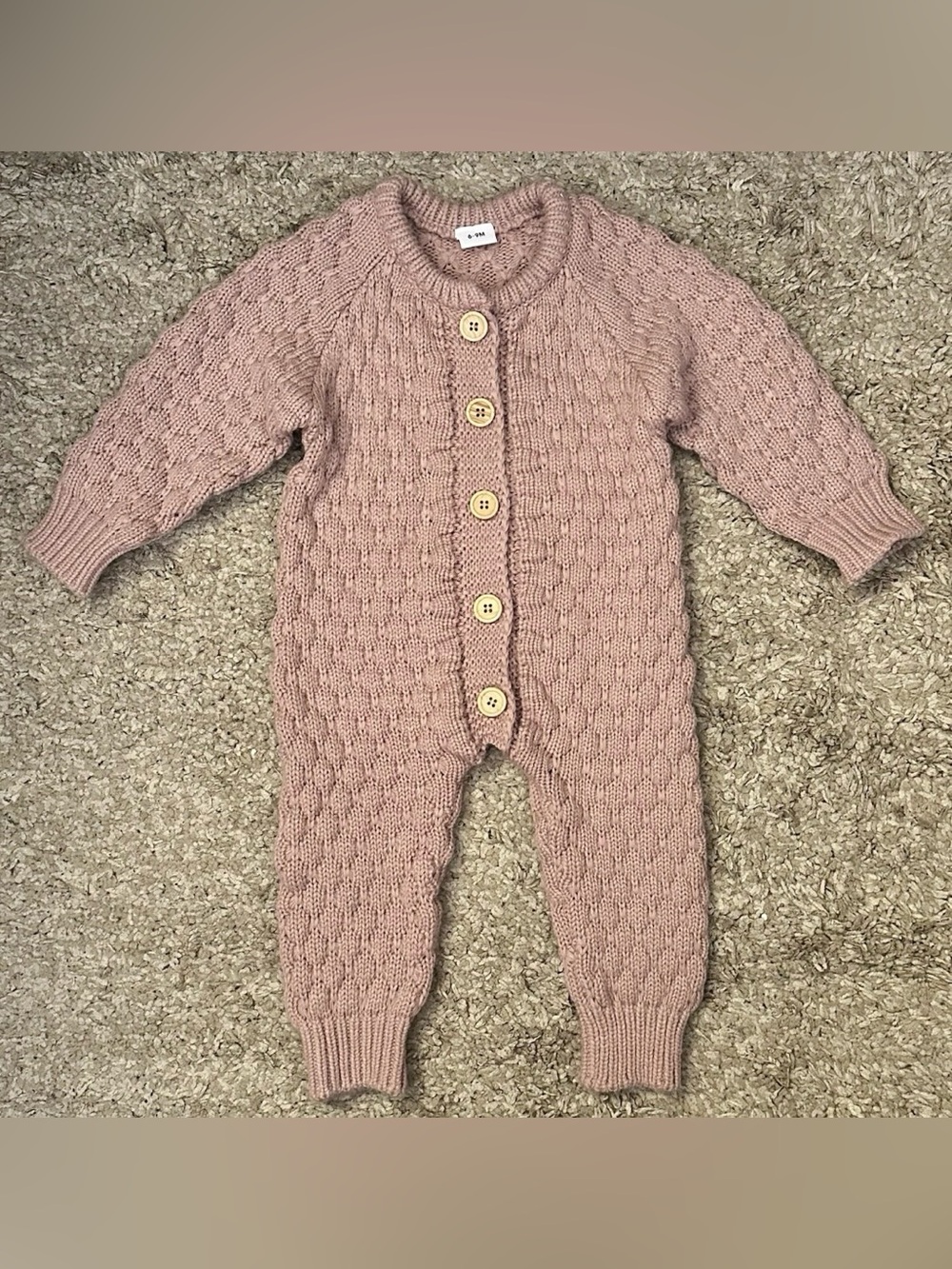 Infant Girl 6-9M Mauve Stretch Chunky Knit Elastic Cuffs/Hems Button-Up Jumpsuit